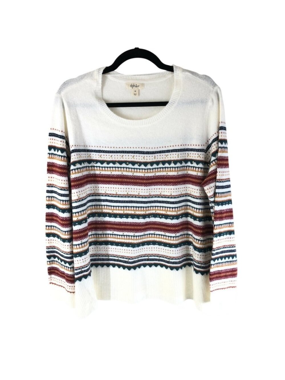 Style & Co Womens Sweater Striped Scoop Neck Studded Ivory Size 0X